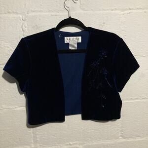 Vintage J.R. Nites by Caliendo Blue Embroidered Floral Velvet Shrug - Size 6P